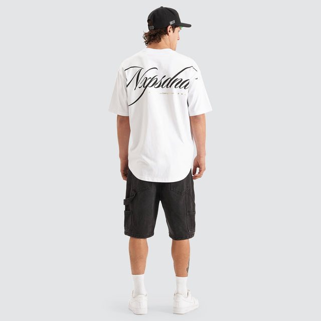 Model Wears Encrypted Heavy Box Fit Scoop Tee White T-Shirts in White - Image 4