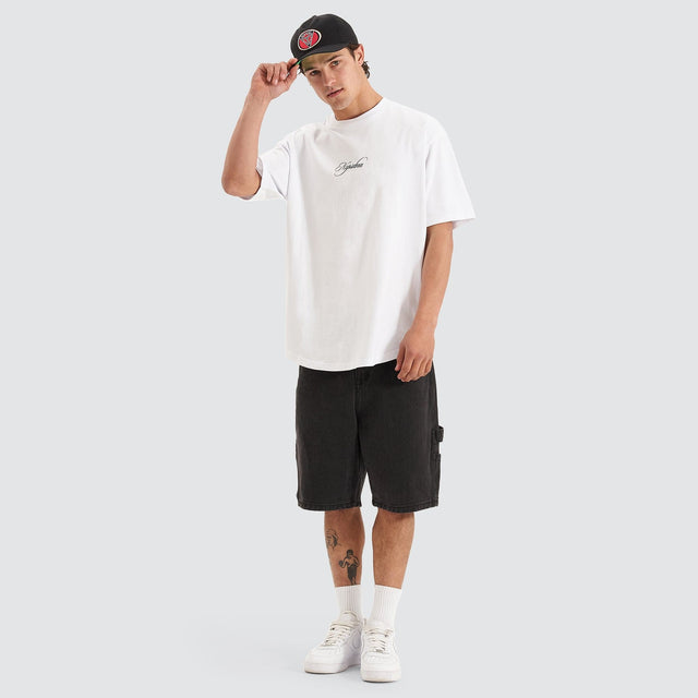 Model Wears Encrypted Heavy Box Fit Scoop Tee White T-Shirts in White - Image 6