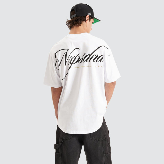 Model Wears Encrypted Heavy Box Fit Scoop Tee White T-Shirts in White - Image 3