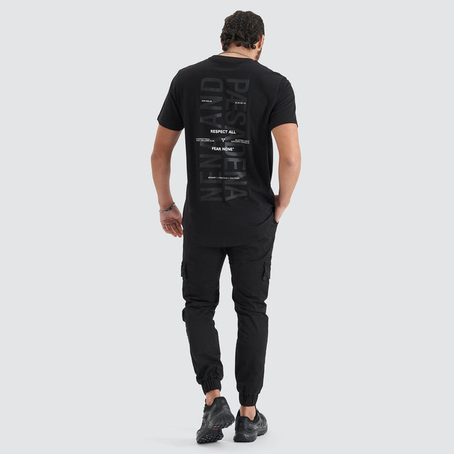 Model Wears Friction Dual Curved Tee Jet Black T-Shirts in Black - Image 7