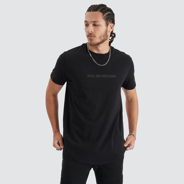 Model Wears Friction Dual Curved Tee Jet Black T-Shirts in Black - Image 3