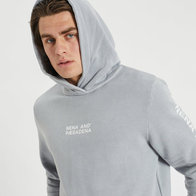 Model Wears Future Hooded Dual Curved Hoodie Pigment Alloy Hoodies in Grey - Image 5