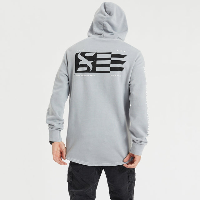 Model Wears Future Hooded Dual Curved Hoodie Pigment Alloy Hoodies in Grey - Image 1