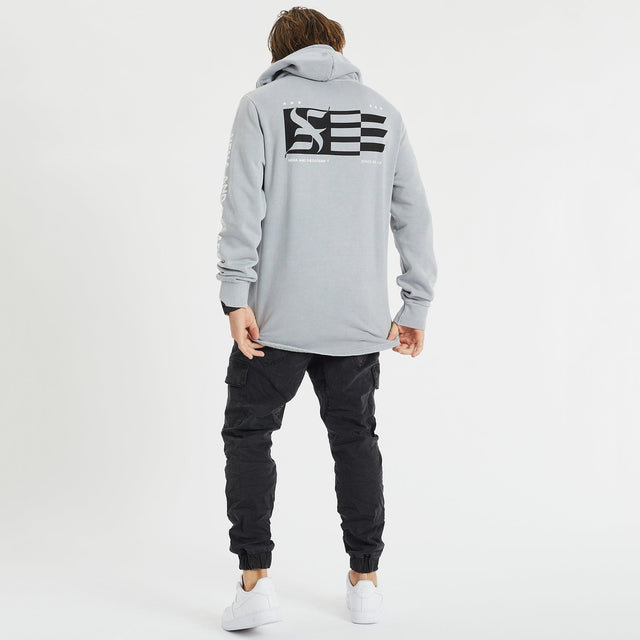 Model Wears Future Hooded Dual Curved Hoodie Pigment Alloy Hoodies in Grey - Image 2