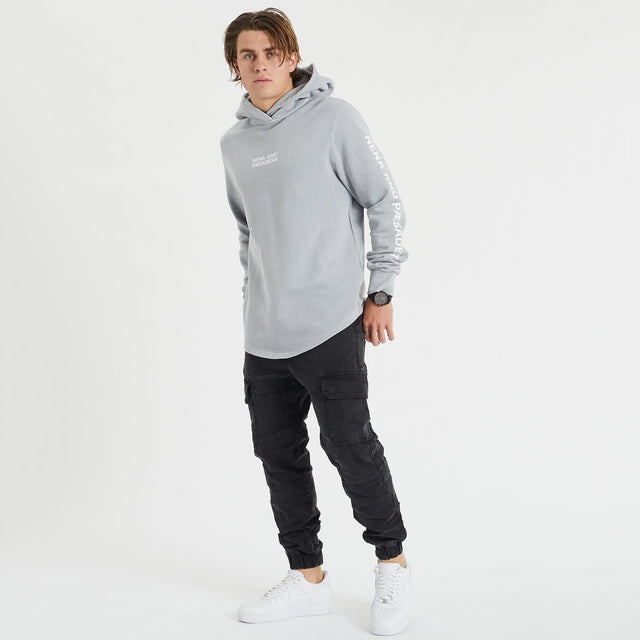 Model Wears Future Hooded Dual Curved Hoodie Pigment Alloy Hoodies in Grey - Image 4