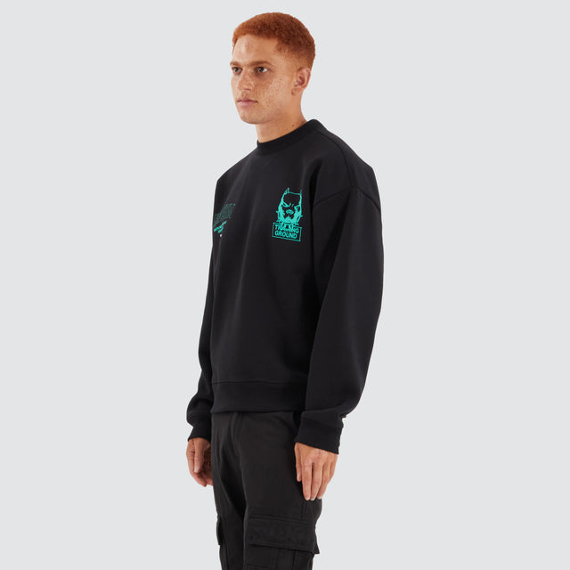 Model Wears Ground Box Fit Sweater Jet Black Jumpers in Black - Image 5