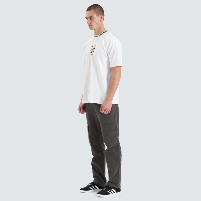 Model Wears Ionic Heavy Box Fit Tee Optical White T-Shirts in White - Image 7