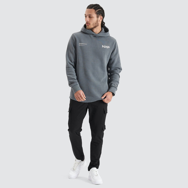 Model Wears Jump Start Dual Curved Hooded Jumper Pigment Castlerock Hoodies in Grey - Image 4