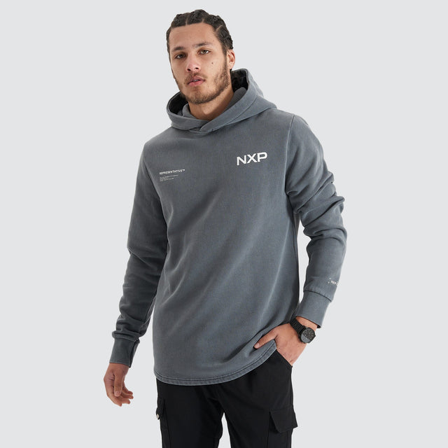 Model Wears Jump Start Dual Curved Hooded Jumper Pigment Castlerock Hoodies in Grey - Image 1