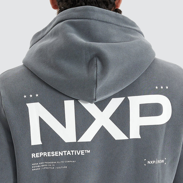 Model Wears Jump Start Dual Curved Hooded Jumper Pigment Castlerock Hoodies in Grey - Image 7