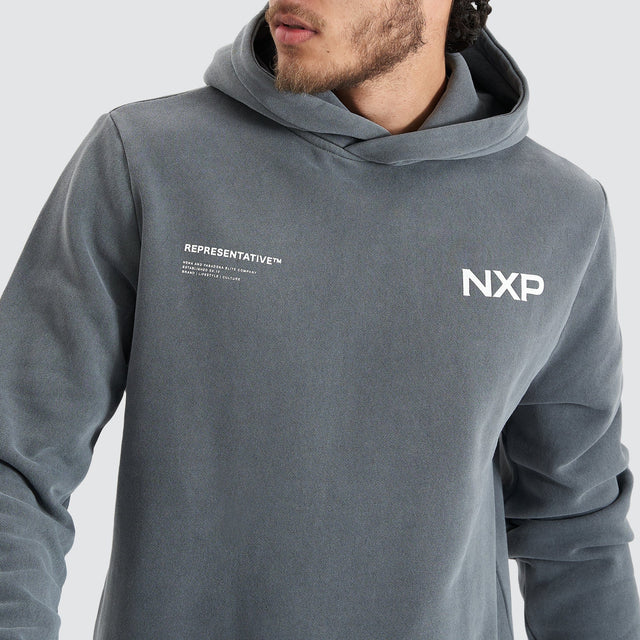 Model Wears Jump Start Dual Curved Hooded Jumper Pigment Castlerock Hoodies in Grey - Image 3