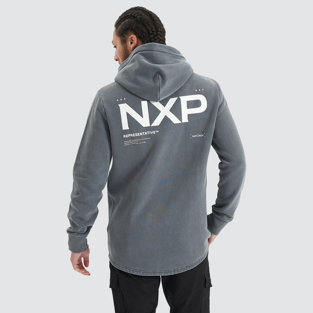 Model Wears Jump Start Dual Curved Hooded Jumper Pigment Castlerock Hoodies in Grey - Image 6
