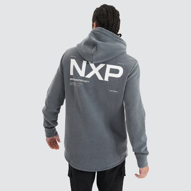 Model Wears Jump Start Dual Curved Hooded Jumper Pigment Castlerock Hoodies in Grey - Image 2