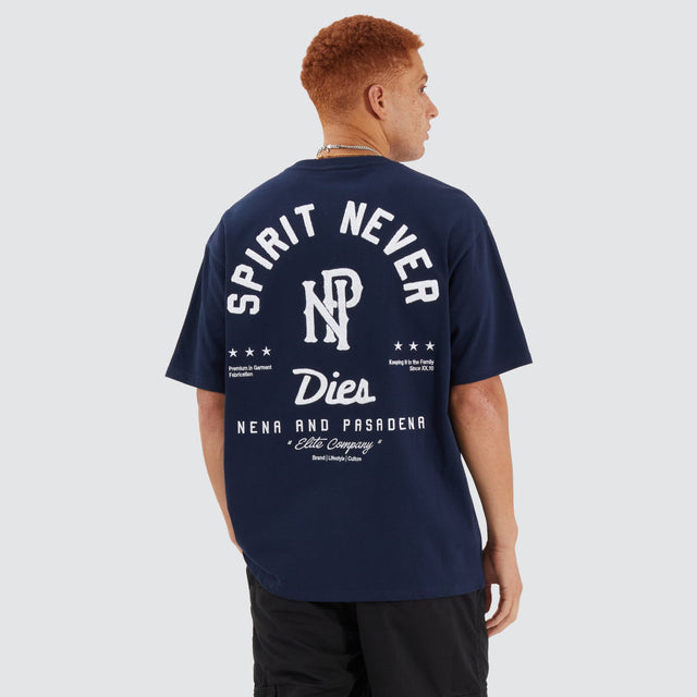 Model Wears Legacy Box Fit Tee Navy Blue T-Shirts in Blue - Image 1