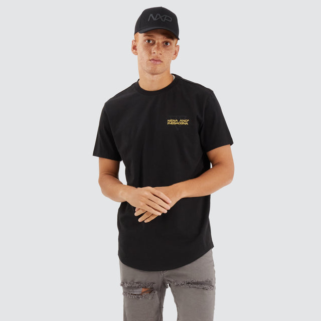 Model Wears Level Dual Curved Tee Jet Black T-Shirts in Black - Image 5