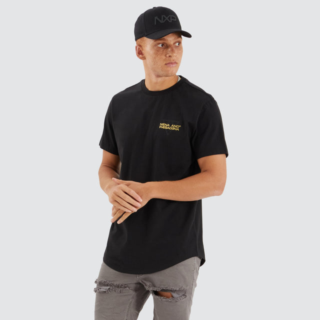 Model Wears Level Dual Curved Tee Jet Black T-Shirts in Black - Image 2