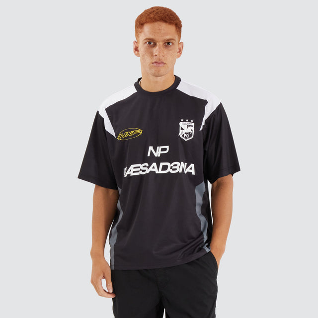Model Wears Major Football Jersey Jet Black T-Shirts in Black - Image 1