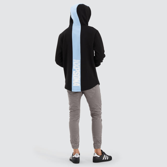 Model Wears Matter Dual Curved Hoodie Black/Placid Blue Hoodies in Blue - Image 4