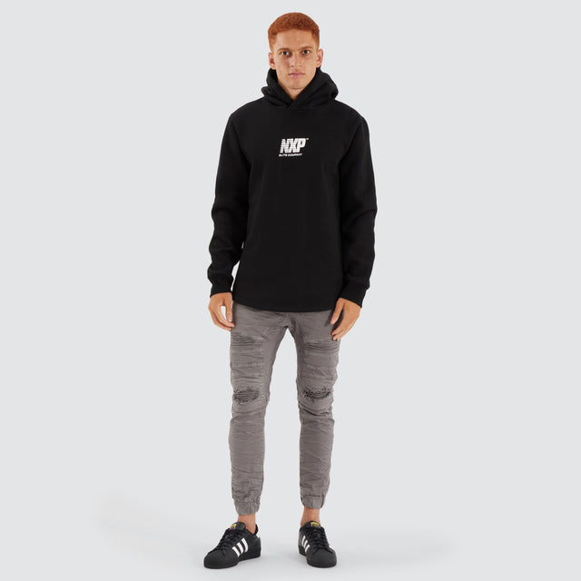 Model Wears Matter Dual Curved Hoodie Black/Placid Blue Hoodies in Blue - Image 5