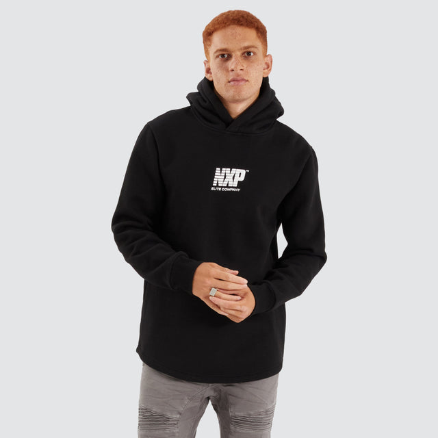 Model Wears Matter Dual Curved Hoodie Black/Placid Blue Hoodies in Blue - Image 2