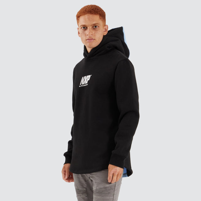 Model Wears Matter Dual Curved Hoodie Black/Placid Blue Hoodies in Blue - Image 7