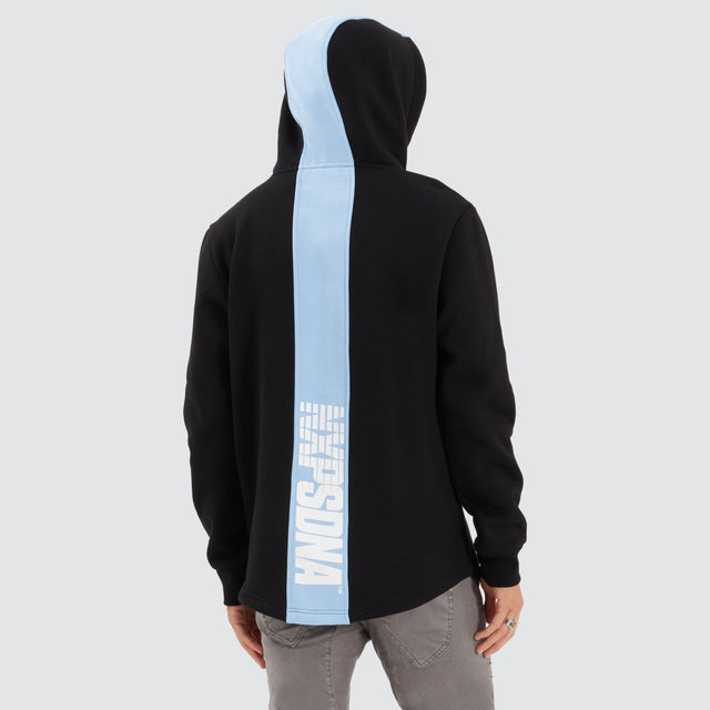 Model Wears Matter Dual Curved Hoodie Black/Placid Blue Hoodies in Blue - Image 1