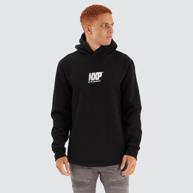 Model Wears Matter Dual Curved Hoodie Black/Placid Blue Hoodies in Blue - Image 6