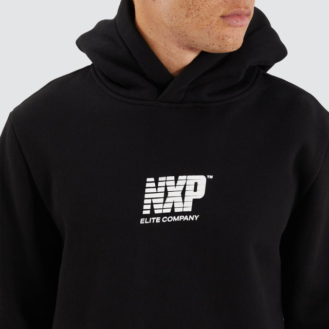 Model Wears Matter Dual Curved Hoodie Black/Placid Blue Hoodies in Blue - Image 3