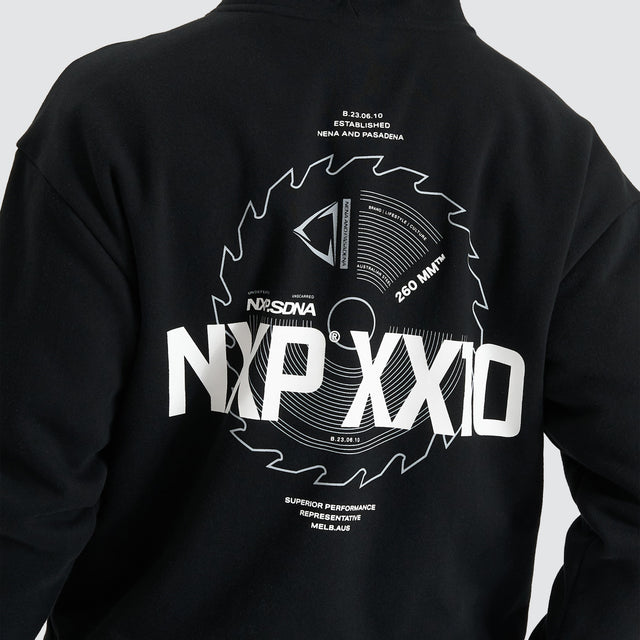 Model Wears Mortar Heavy Relaxed Hoodie Jet Black Jumpers in Black - Image 5