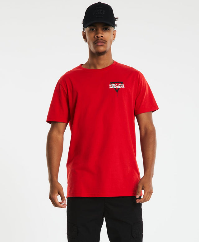 Model Wears Elite Cape Back Tee Red T-Shirts in Red - Image 4