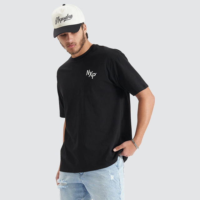 Model Wears Orbit Heavy Box Fit Tee Jet Black T-Shirts in Black - Image 4