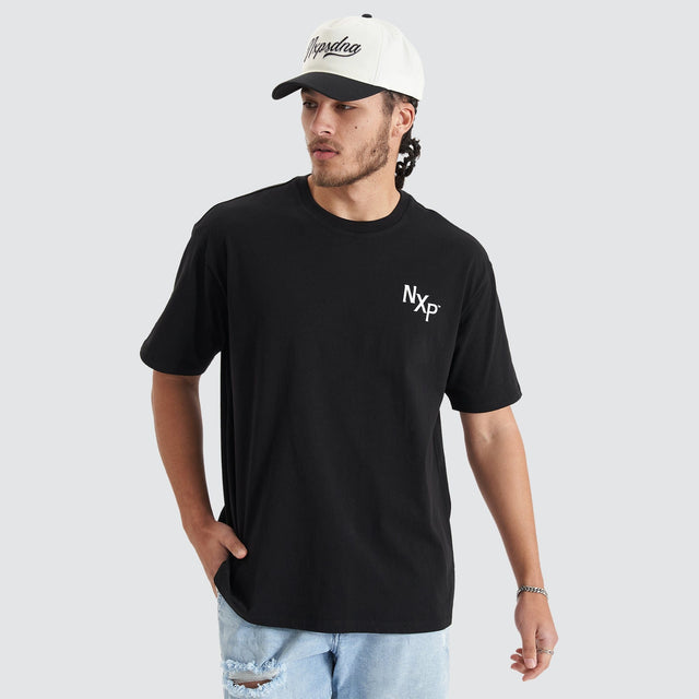 Model Wears Orbit Heavy Box Fit Tee Jet Black T-Shirts in Black - Image 1