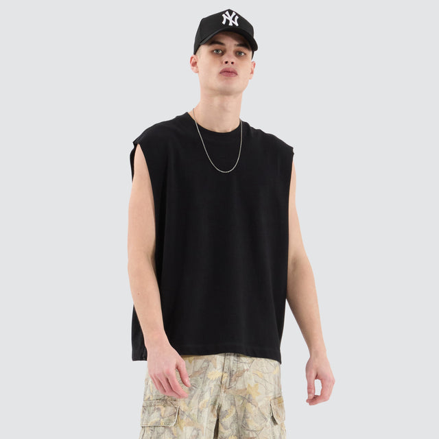 Model Wears Osaka Cube Muscle Jet Black Muscle Tees in Black - Image 1