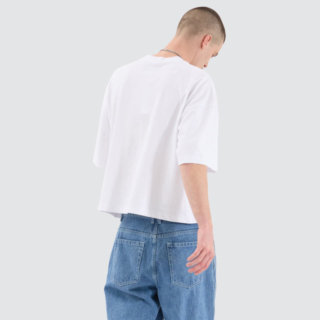 Model Wears Osaka Cube Tee Optical White T-Shirts in White - Image 7