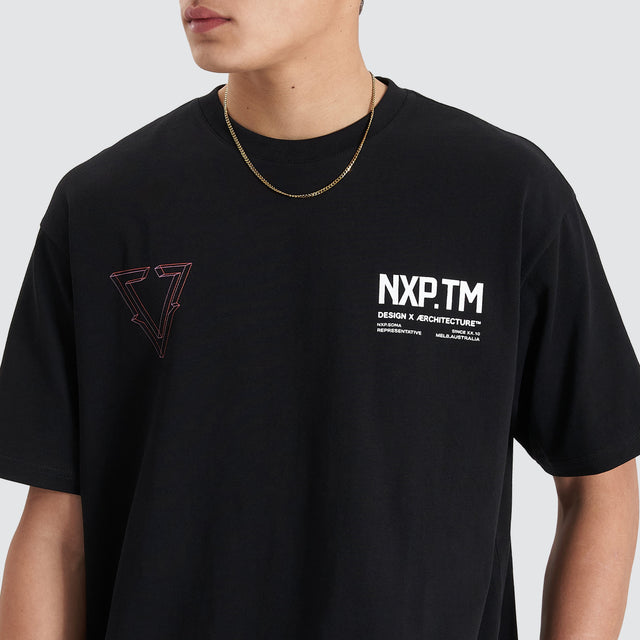 Model Wears Pantheon Heavy Box Fit Tee Jet Black T-Shirts in Black - Image 2