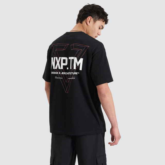 Model Wears Pantheon Heavy Box Fit Tee Jet Black T-Shirts in Black - Image 1