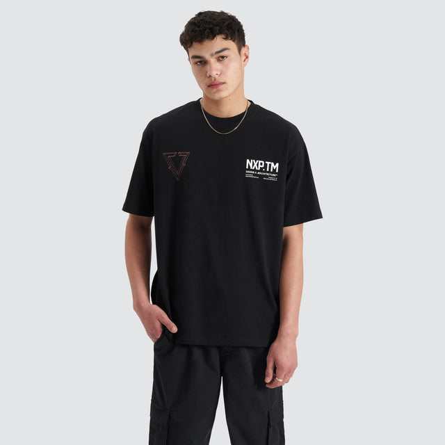 Model Wears Pantheon Heavy Box Fit Tee Jet Black T-Shirts in Black - Image 3