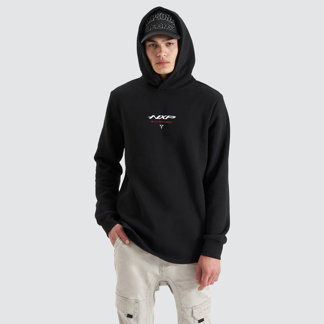 Model Wears Parallax Hooded Dual Curved Sweater Jet Black Hoodies in Black - Image 4