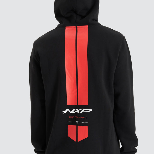 Model Wears Parallax Hooded Dual Curved Sweater Jet Black Hoodies in Black - Image 3