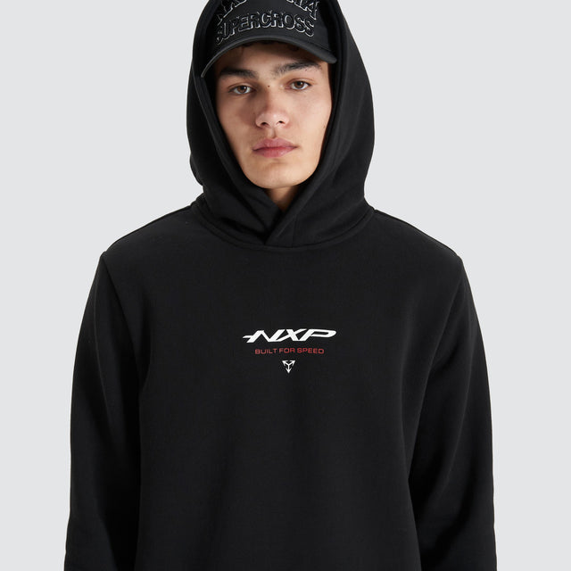 Model Wears Parallax Hooded Dual Curved Sweater Jet Black Hoodies in Black - Image 5