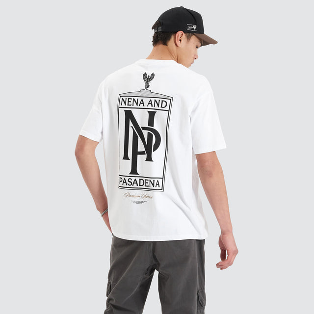 Model Wears Petronas Heavy Box Fit Tee Optical White T-Shirts in White - Image 3