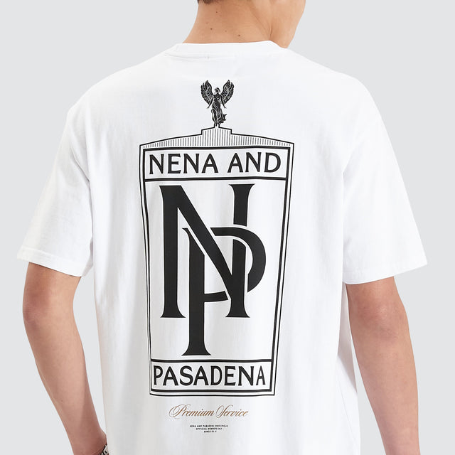 Model Wears Petronas Heavy Box Fit Tee Optical White T-Shirts in White - Image 2