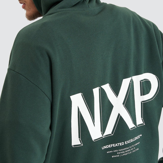 Model Wears Platinum Heavy Box Fit Hoodie Pine Grove Hoodies in Green - Image 3