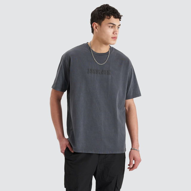 Model Wears Post-Industrial Heavy Box Fit Tee Pigment Asphalt T-Shirts in Grey - Image 1