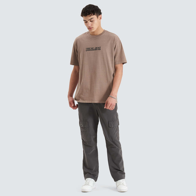 Model Wears Post-Industrial Heavy Box Fit Tee Pigment Bark T-Shirts in Brown - Image 3