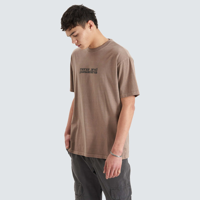 Model Wears Post-Industrial Heavy Box Fit Tee Pigment Bark T-Shirts in Brown - Image 5