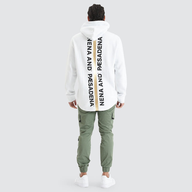 Model Wears Primal Dual Curved Hooded Sweater Optical White Hoodies in White - Image 6