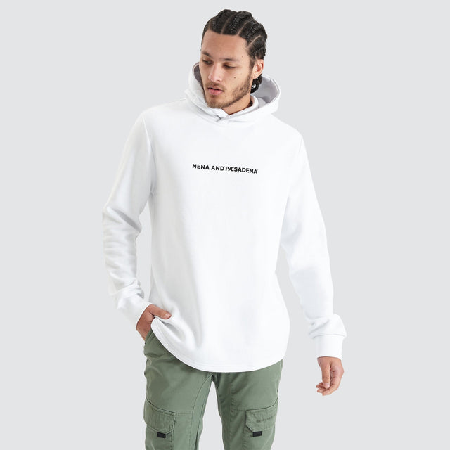 Model Wears Primal Dual Curved Hooded Sweater Optical White Hoodies in White - Image 7
