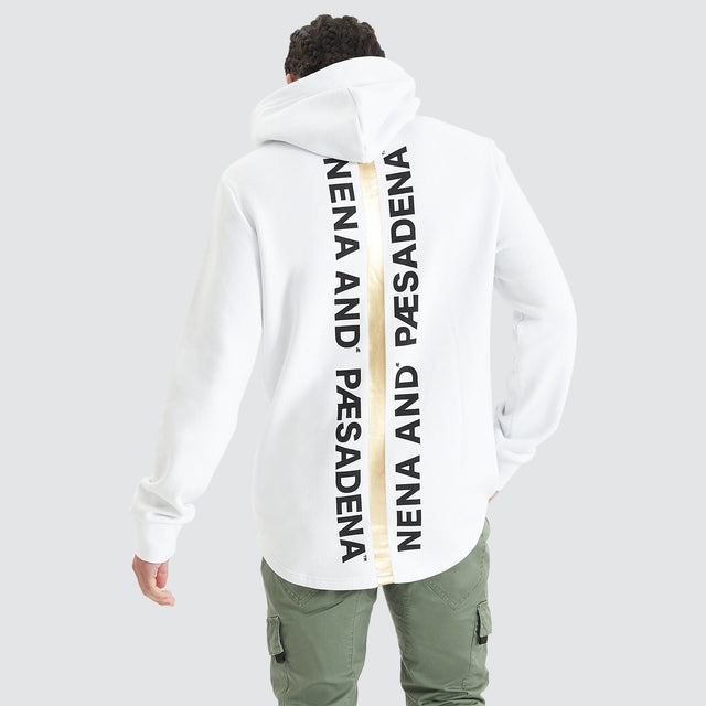 Model Wears Primal Dual Curved Hooded Sweater Optical White Hoodies in White - Image 2