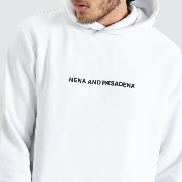 Model Wears Primal Dual Curved Hooded Sweater Optical White Hoodies in White - Image 3